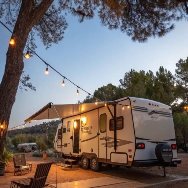 Modern static caravan with outdoor terrace on a campsite in Spain